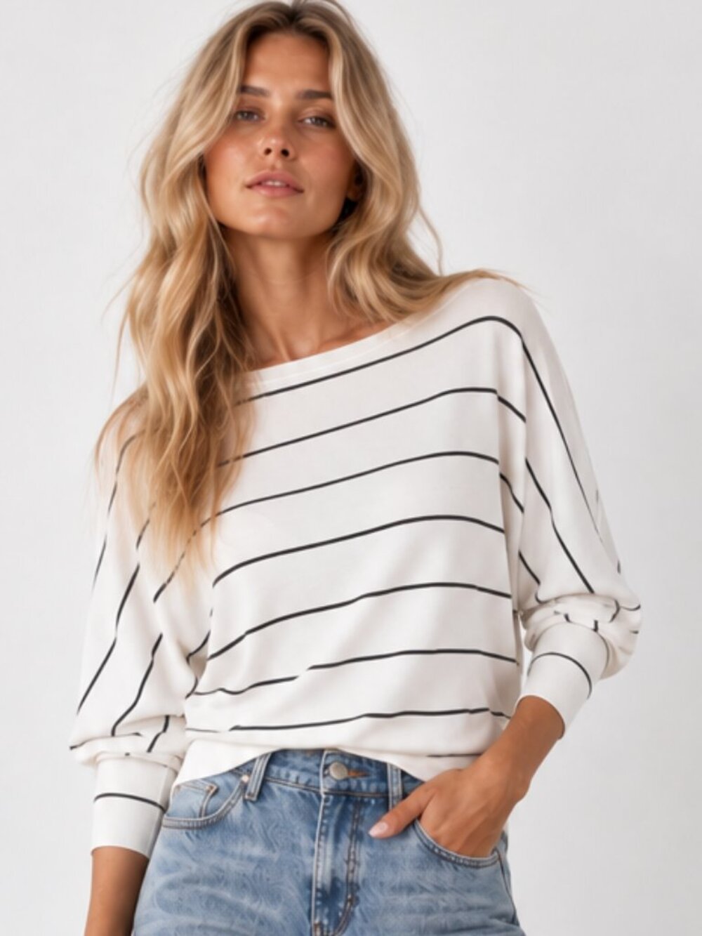 LULUS Verla Striped Dolman Sleeve Relaxed Knit Top Off-White Black Sz S NWOT